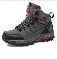 Black high-top hiking shoes with front-tie laces and rubber sole on a neutral background