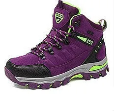 Black high-top hiking shoes with front-tie laces and rubber sole on a neutral background