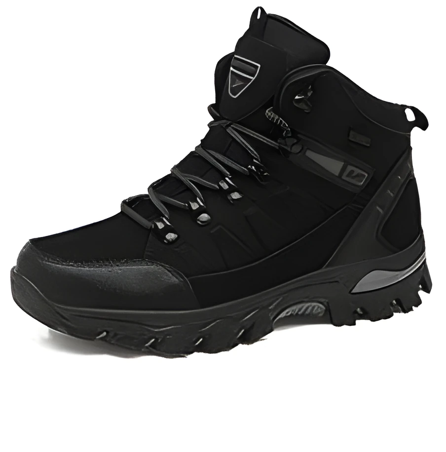 Black high-top hiking shoes with front-tie laces and rubber sole on a neutral background