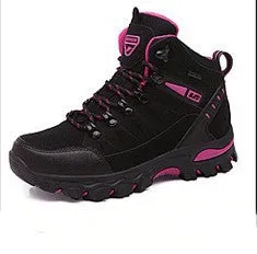 Black high-top hiking shoes with front-tie laces and rubber sole on a neutral background