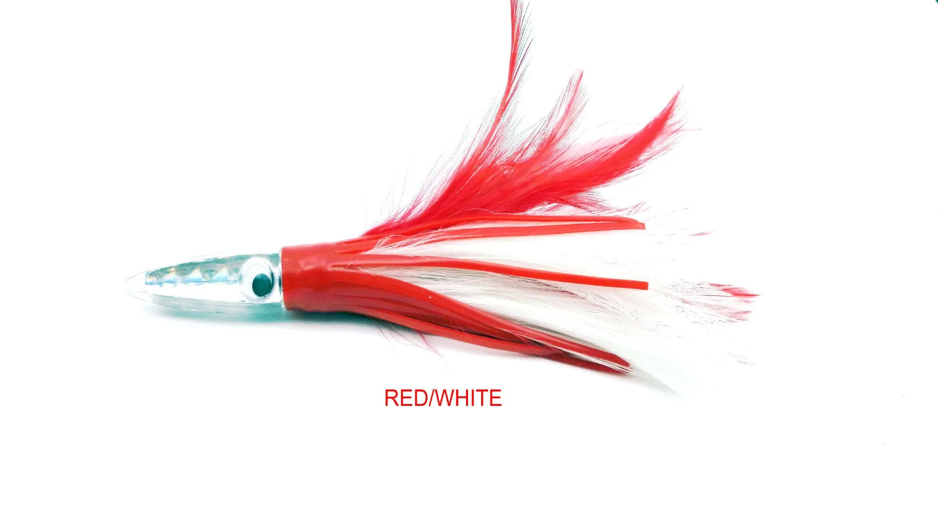 Acrylic sea fishing lure with resin fish head, feathered dress, and octopus headband, 14cm 32g