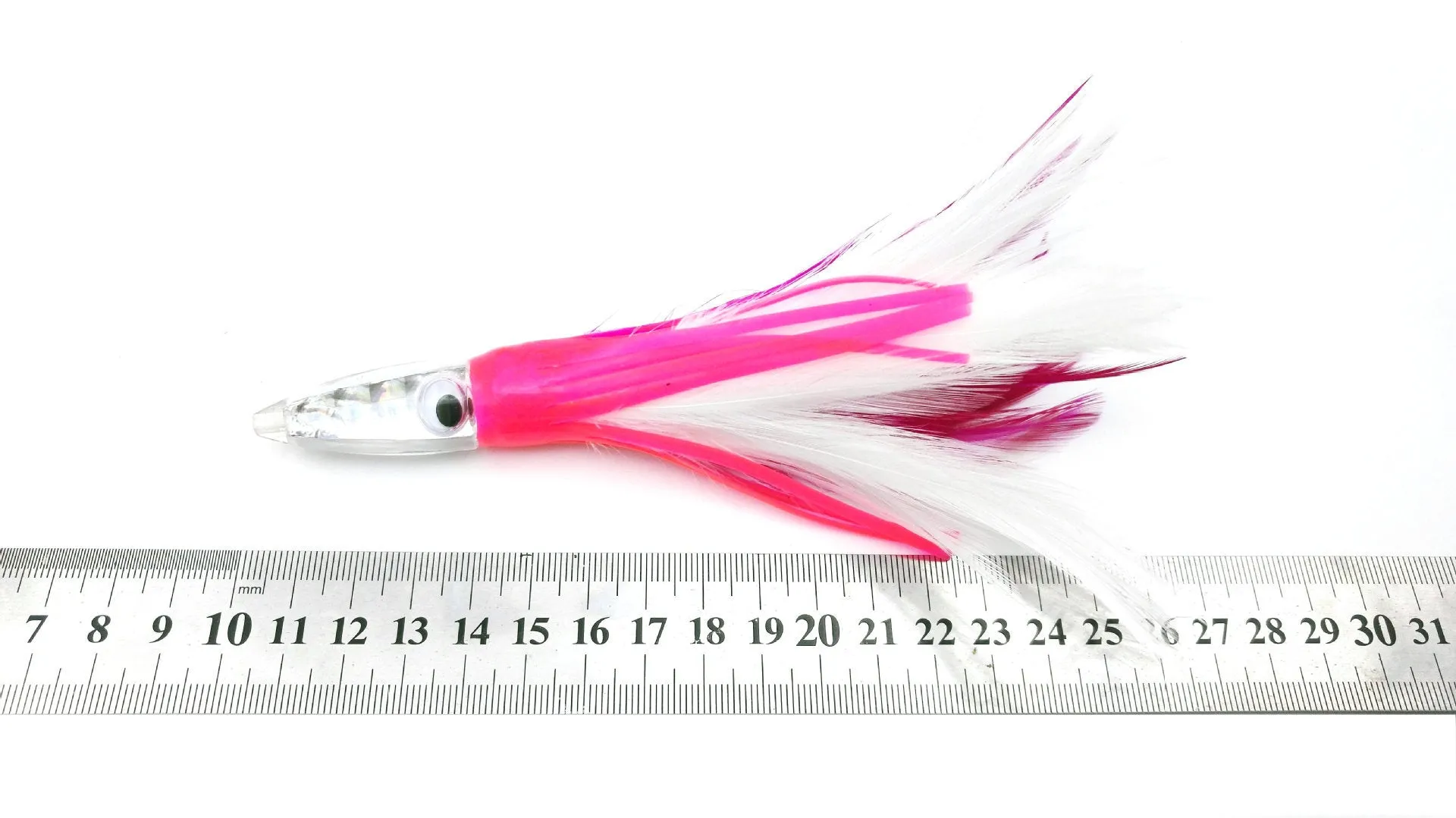 Acrylic sea fishing lure with resin fish head, feathered dress, and octopus headband, 14cm 32g