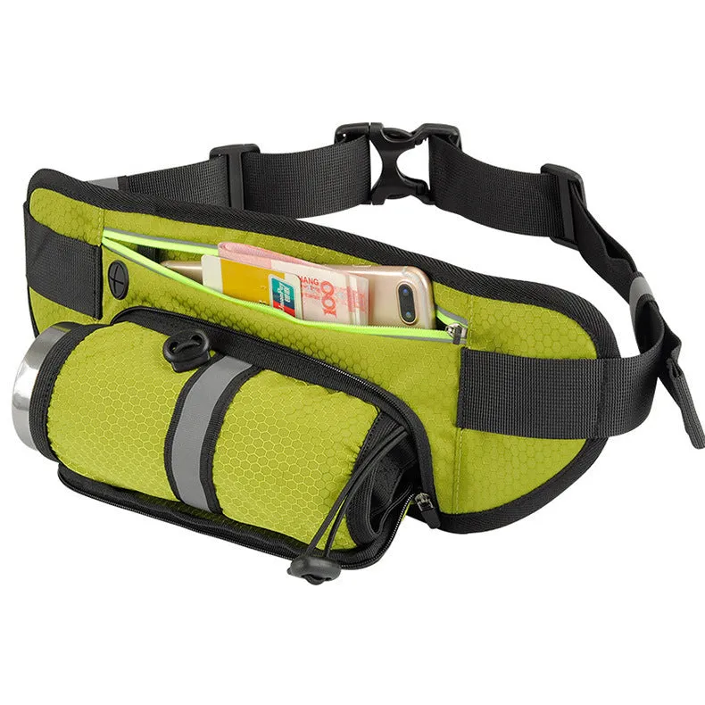 Black multifunctional running waist bag sports belt with water bottle pocket and adjustable nylon strap