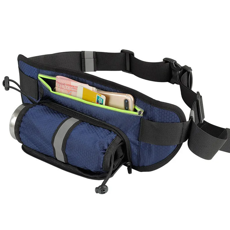 Black multifunctional running waist bag sports belt with water bottle pocket and adjustable nylon strap