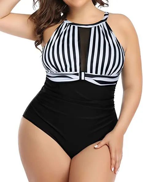 Women's black lace one-piece swimsuit on a hanger showing the front design