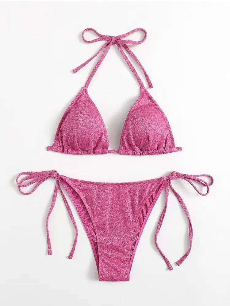 Women's split bandage style bikini swimsuit in polyester fabric on a mannequin.