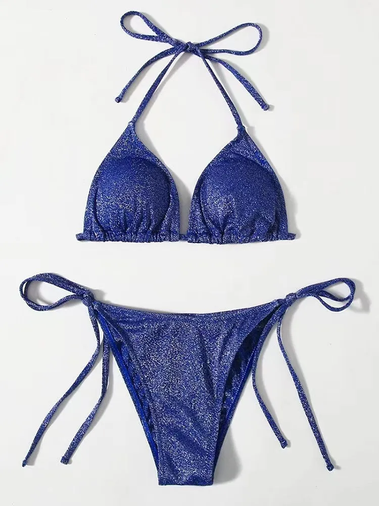 Women's split bandage style bikini swimsuit in polyester fabric on a mannequin.