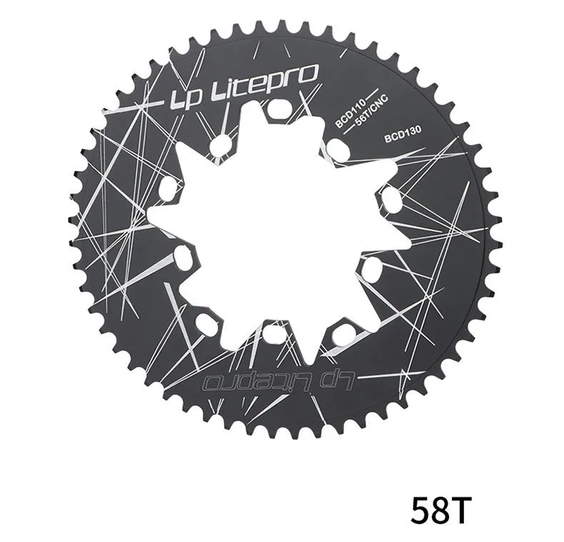 Silver aluminium alloy oval bicycle chainring with CNC machining marks on a white background