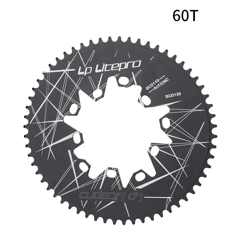 Silver aluminium alloy oval bicycle chainring with CNC machining marks on a white background