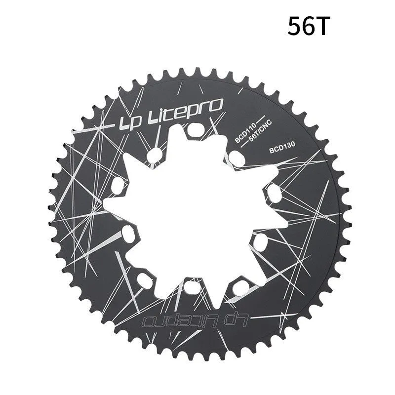 Silver aluminium alloy oval bicycle chainring with CNC machining marks on a white background
