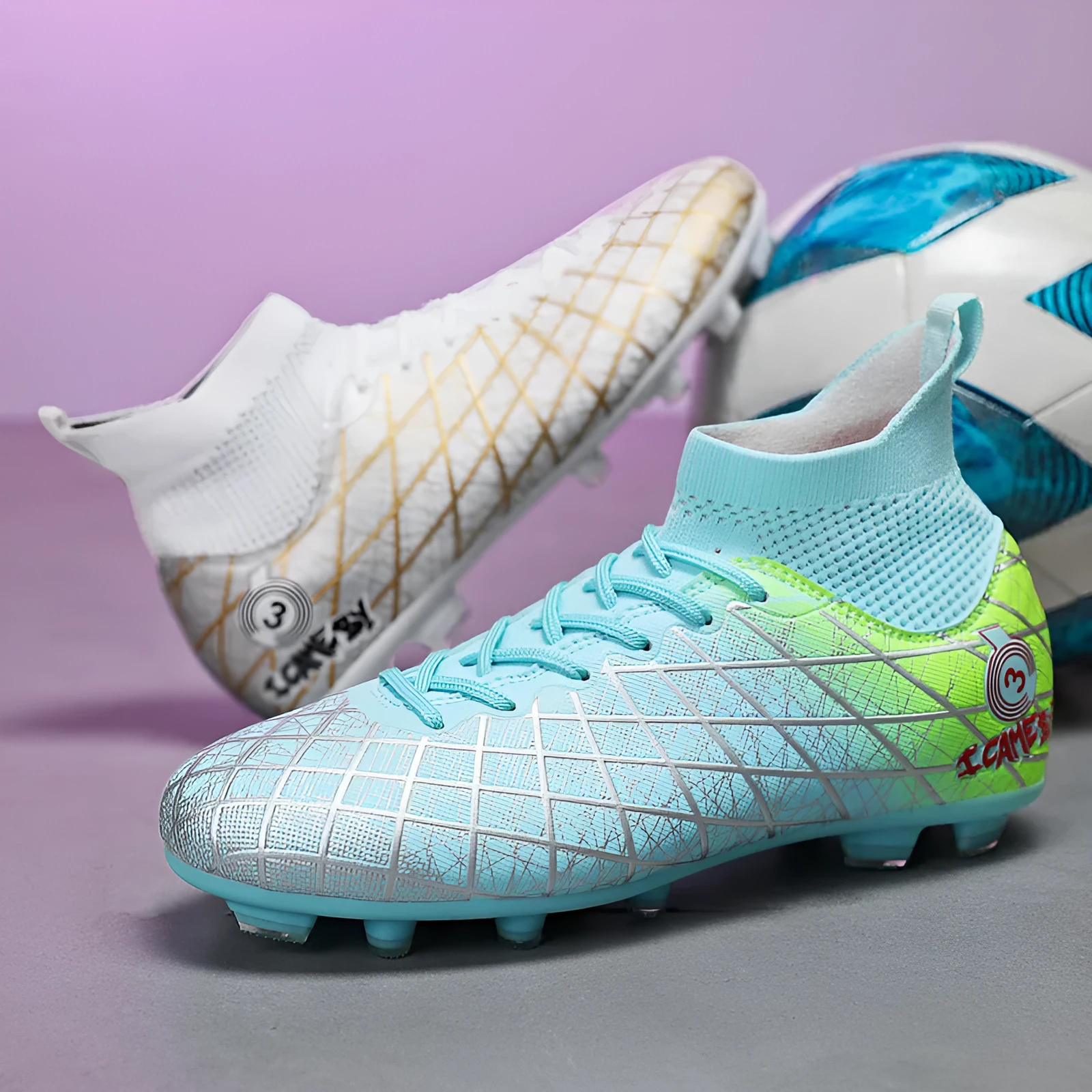 Soccer shoes with long and short spikes, rubber sole, high-top design, in black colour