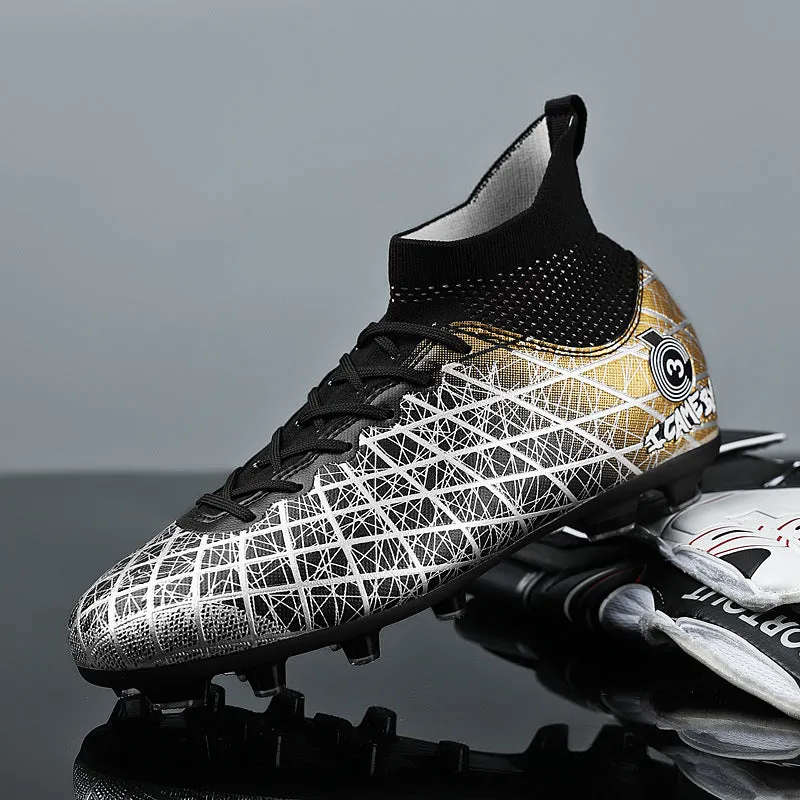 Soccer shoes with long and short spikes, rubber sole, high-top design, in black colour