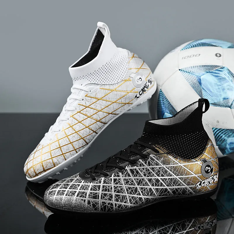 Soccer shoes with long and short spikes, rubber sole, high-top design, in black colour