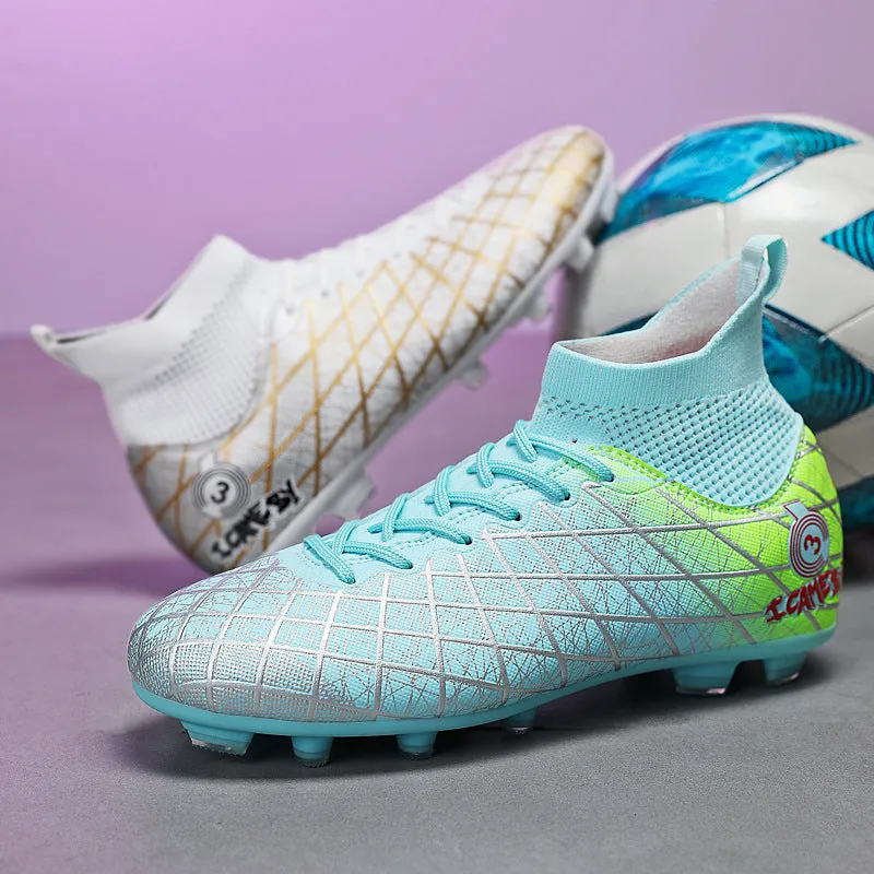 Soccer shoes with long and short spikes, rubber sole, high-top design, in black colour