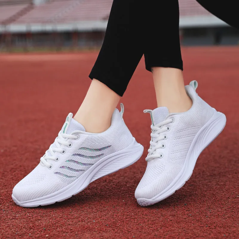 Women's middle-aged leisure mesh surface sneakers with rubber sole, front lace-up, flat heel, available in black