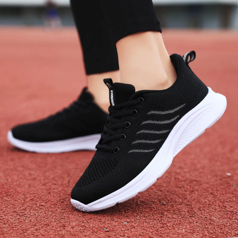 Women's middle-aged leisure mesh surface sneakers with rubber sole, front lace-up, flat heel, available in black