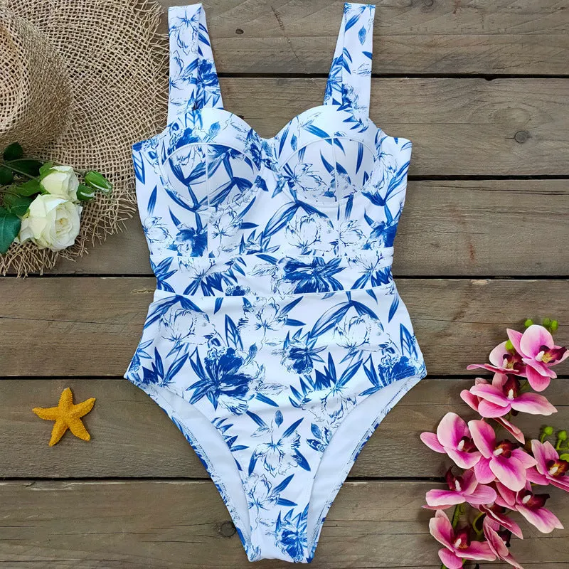 White one-piece swimsuit with gather flab hiding design, sleeveless, from front view
