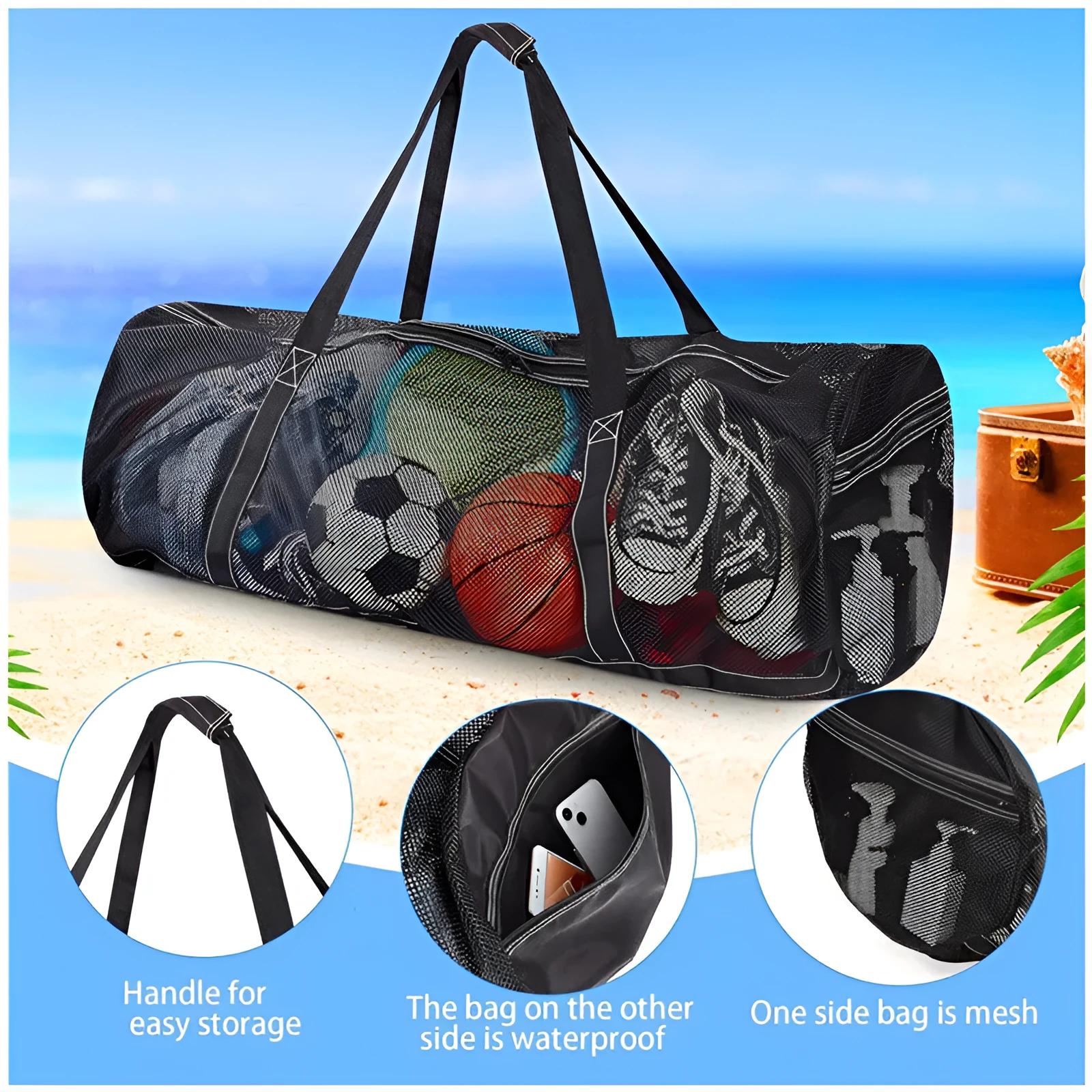 Large black polyester mesh diving luggage bag 50L 94x38x38cm