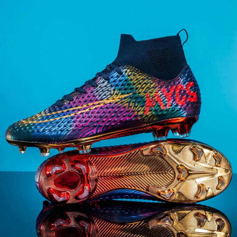 Men's high-top gold-plated bottom soccer shoes in dark blue with synthetic leather upper