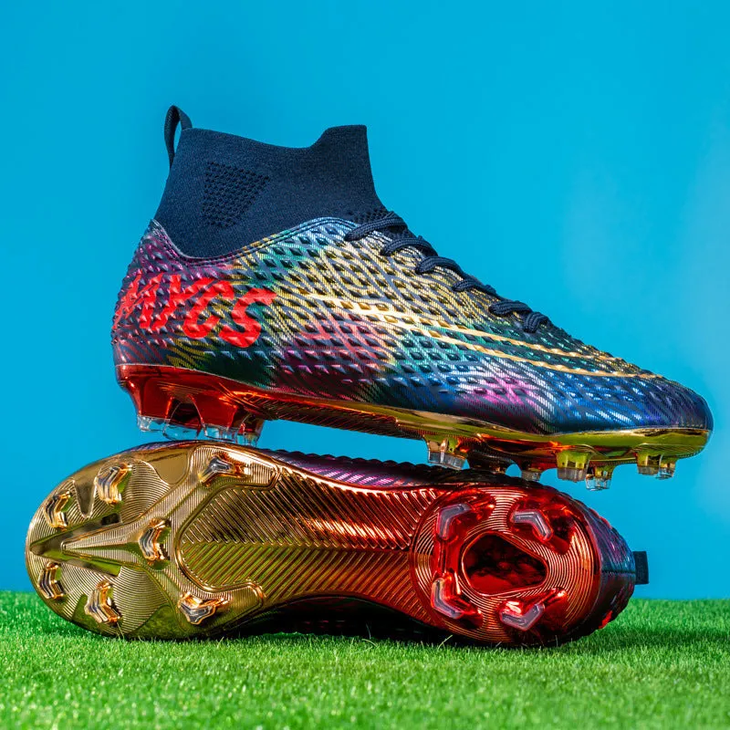Men's high-top gold-plated bottom soccer shoes in dark blue with synthetic leather upper
