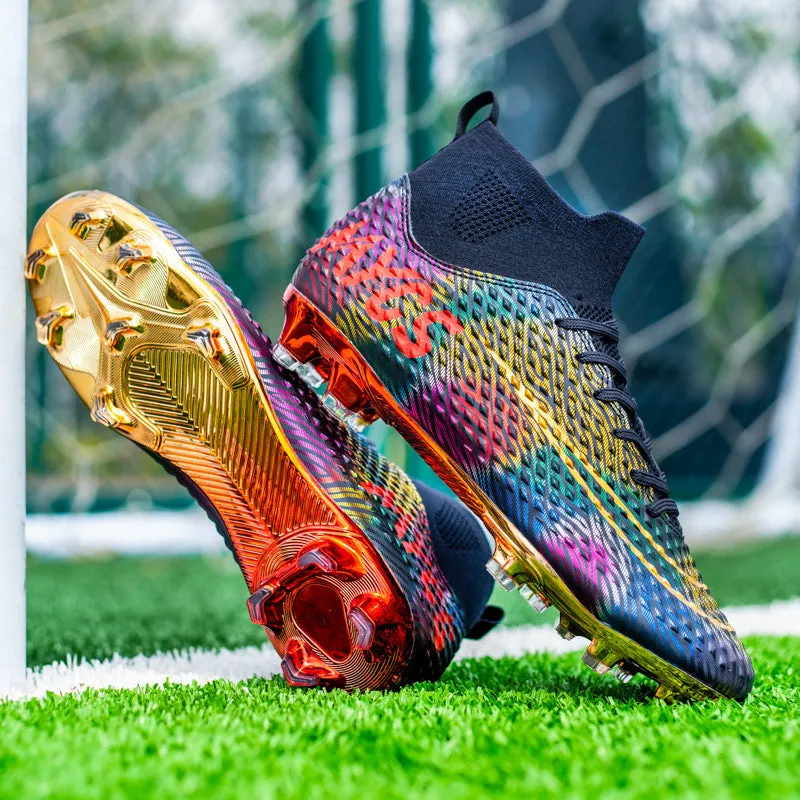 Men's high-top gold-plated bottom soccer shoes in dark blue with synthetic leather upper