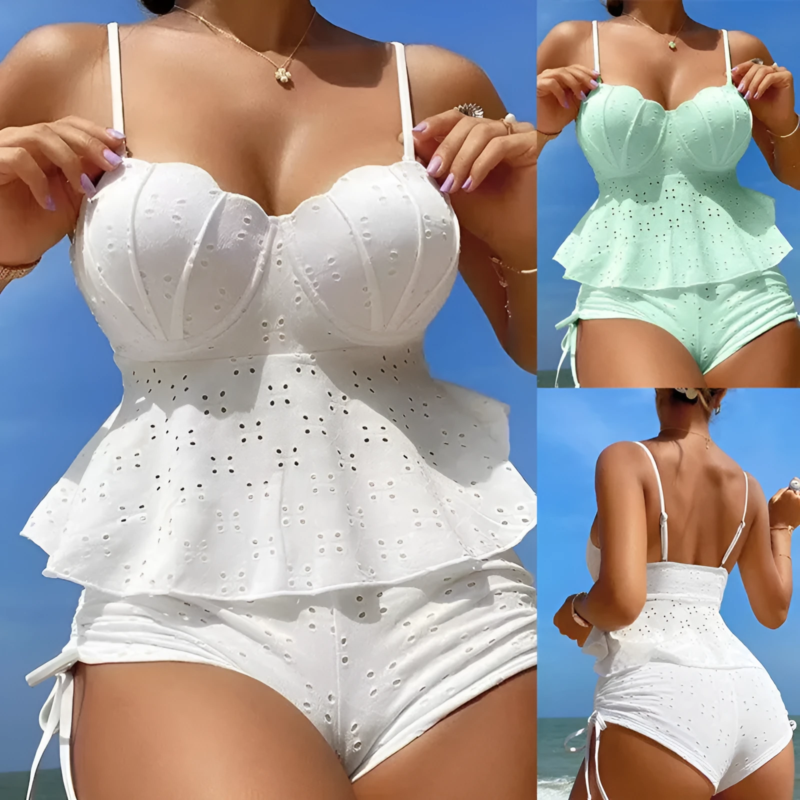 Women's solid colour bikini set in green with hollow shell hard bag and polyester lining