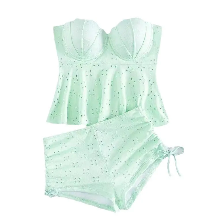 Women's solid colour bikini set in green with hollow shell hard bag and polyester lining