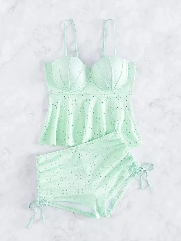 Women's solid colour bikini set in green with hollow shell hard bag and polyester lining