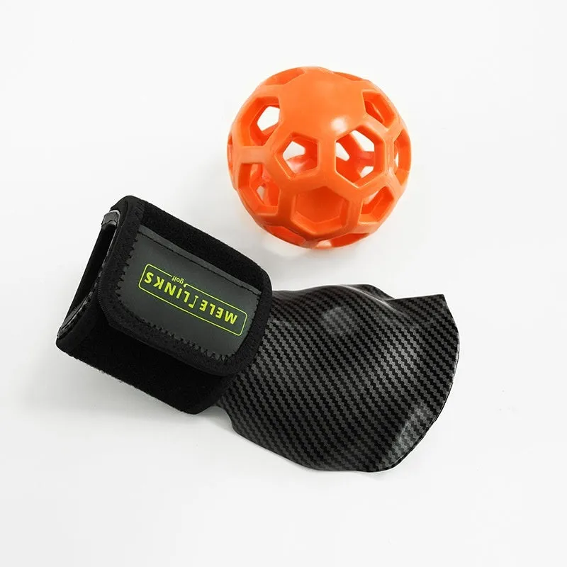 Golf swing trainer arm bracket wrist holder with PU foam fabric suit and green ball on white background