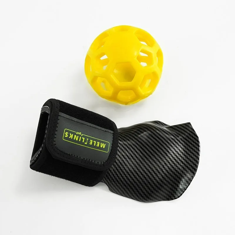 Golf swing trainer arm bracket wrist holder with PU foam fabric suit and green ball on white background