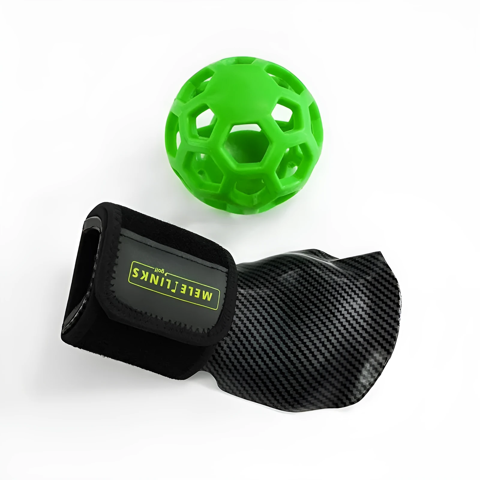 Golf swing trainer arm bracket wrist holder with PU foam fabric suit and green ball on white background
