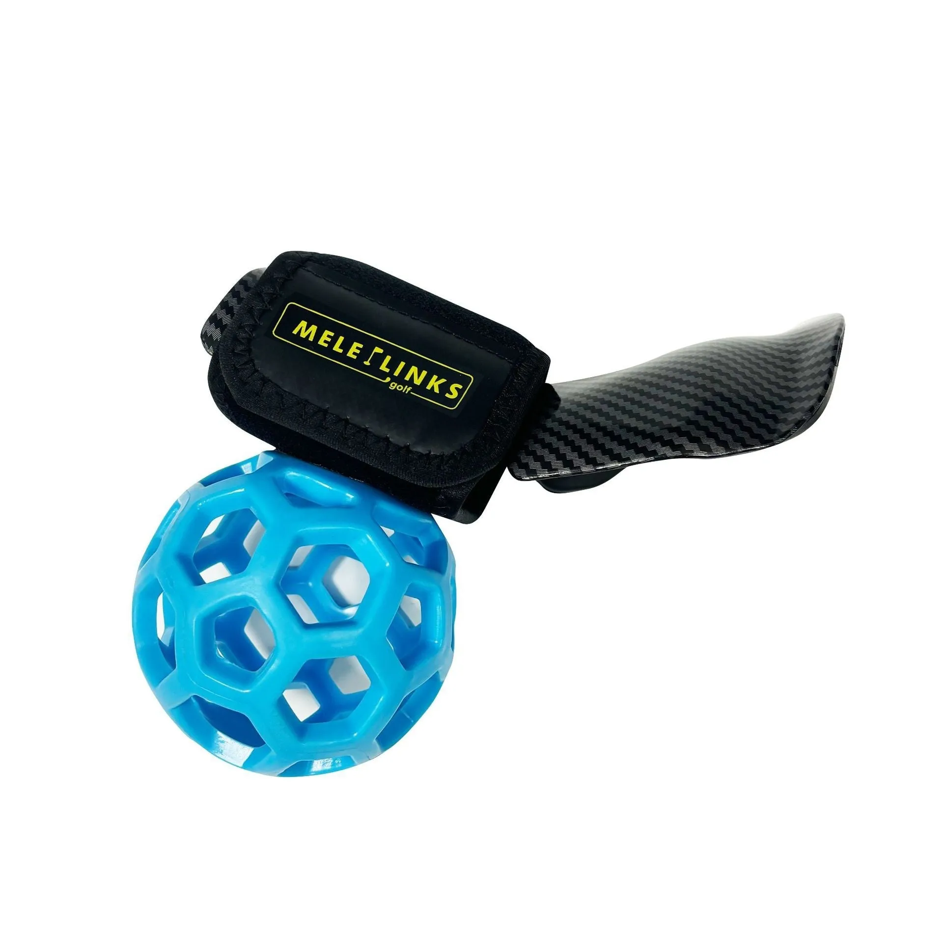 Golf swing trainer arm bracket wrist holder with PU foam fabric suit and green ball on white background