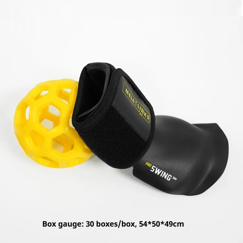 Golf swing trainer arm bracket wrist holder with PU foam fabric suit and green ball on white background