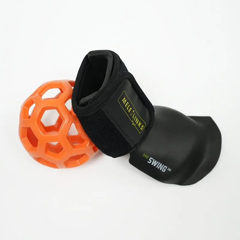 Golf swing trainer arm bracket wrist holder with PU foam fabric suit and green ball on white background