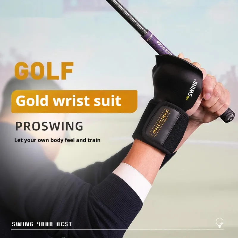 Golf swing trainer arm bracket wrist holder with PU foam fabric suit and green ball on white background
