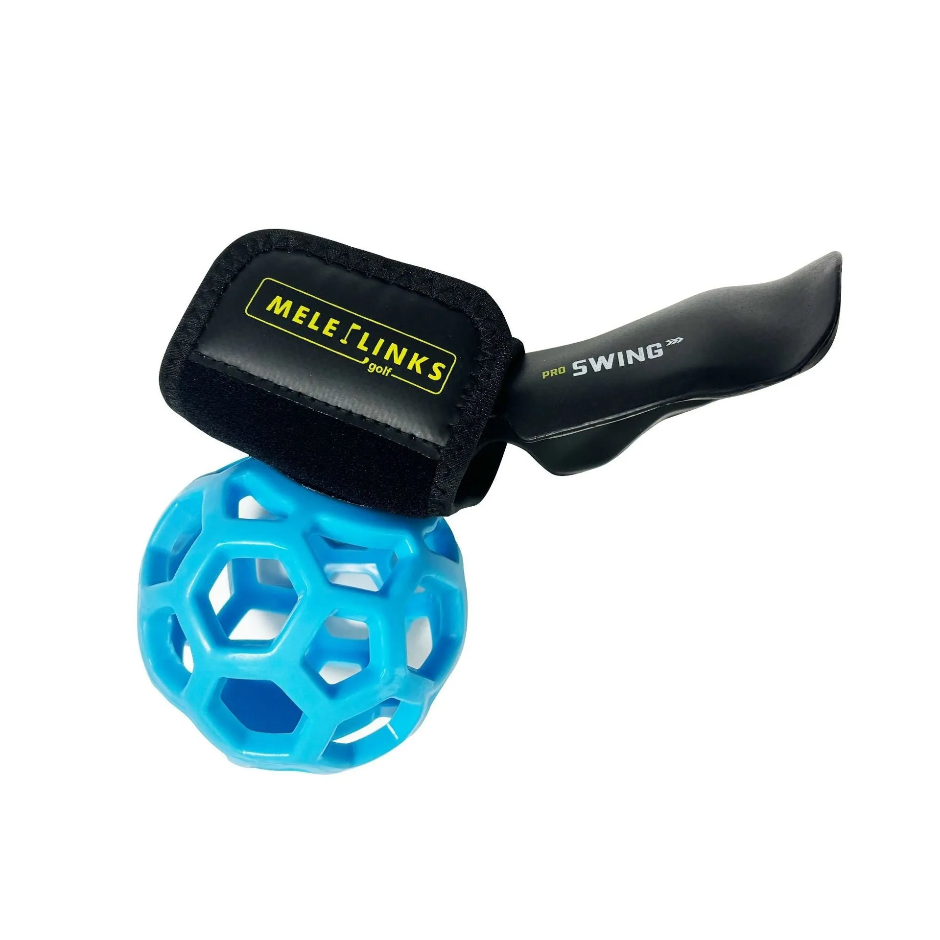 Golf swing trainer arm bracket wrist holder with PU foam fabric suit and green ball on white background