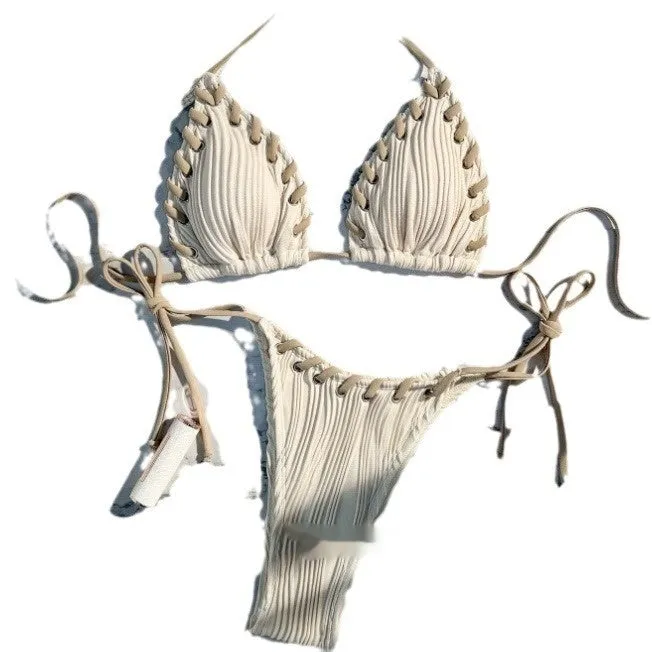 Texture Split Lace-up Swimsuit Milky White Push Up Small Chest Nylon Brief Women's Swimwear