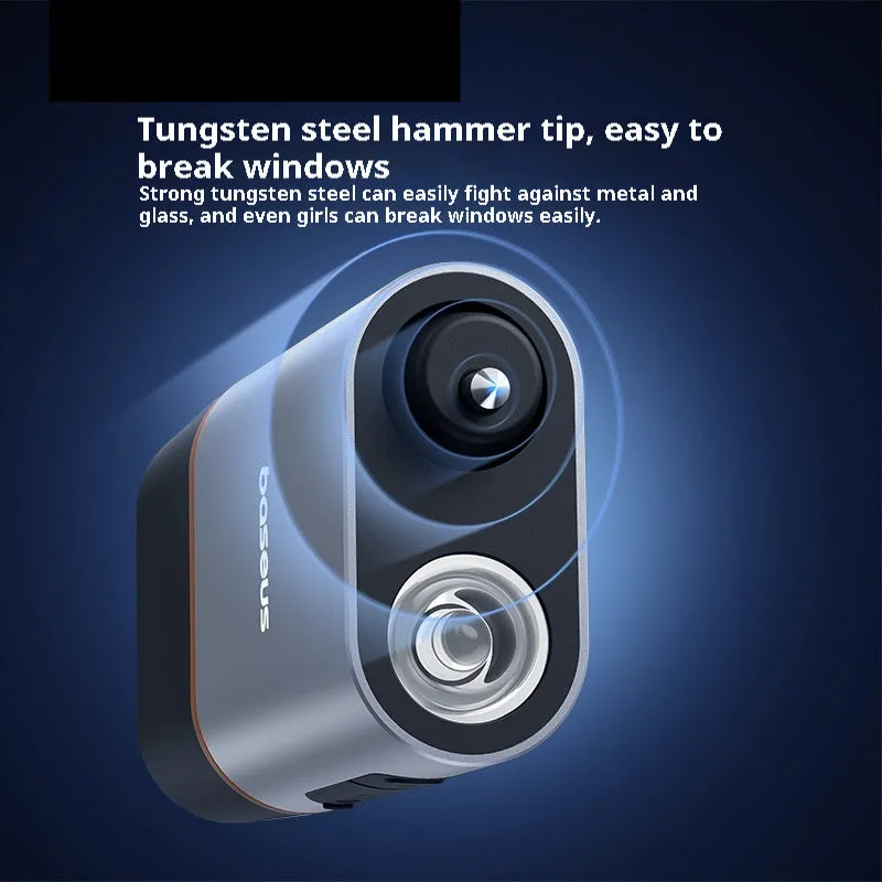 Car safety life hammer in Star Black with aluminium alloy and ABS construction showing charging port and compact body
