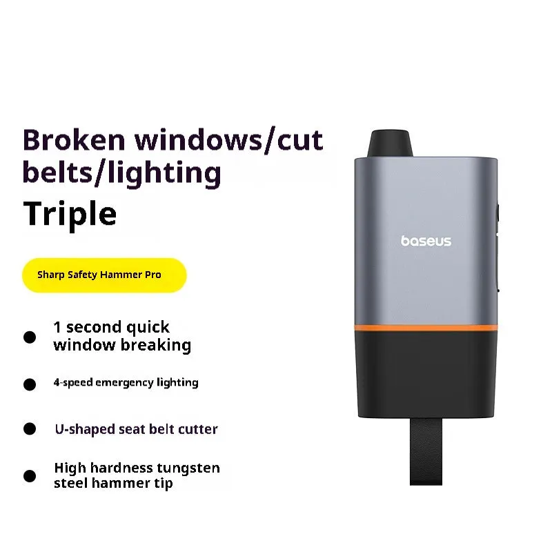 Car safety life hammer in Star Black with aluminium alloy and ABS construction showing charging port and compact body