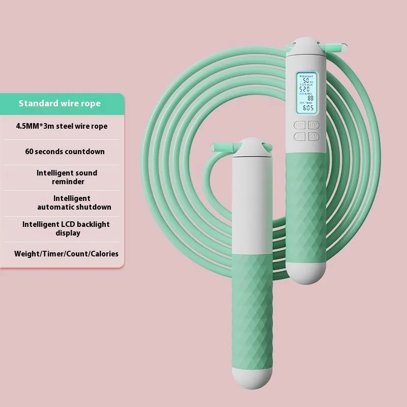 Intelligent electronic counting skipping rope with 3m steel wire shoelace and ABS handles on a neutral background