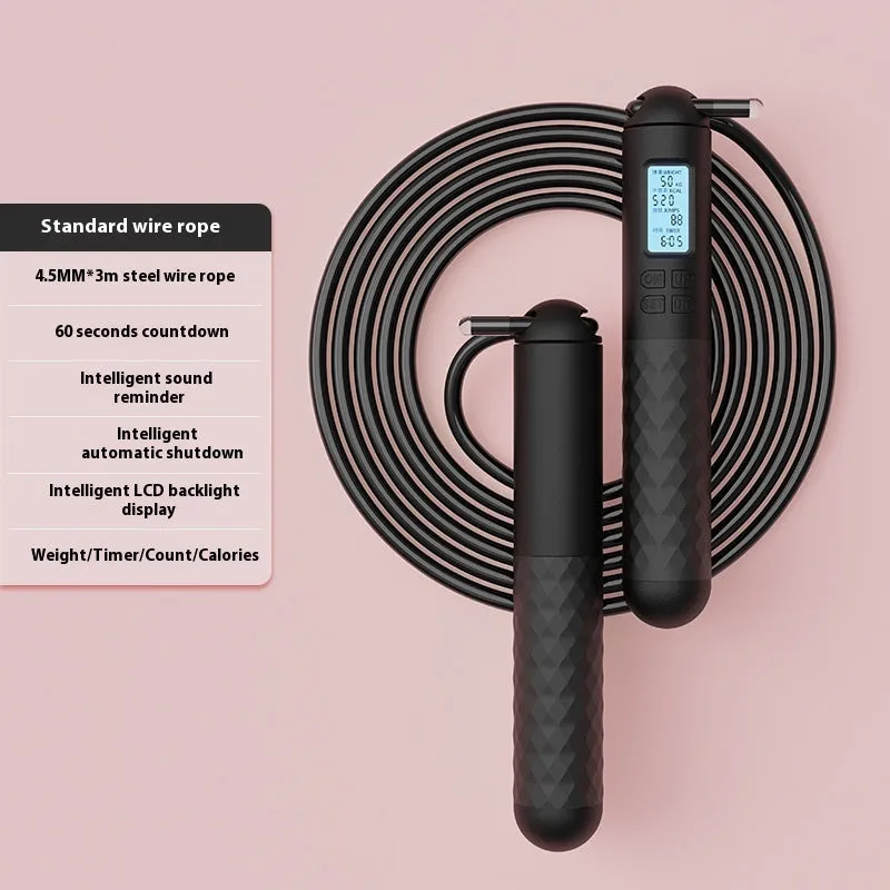 Intelligent electronic counting skipping rope with 3m steel wire shoelace and ABS handles on a neutral background