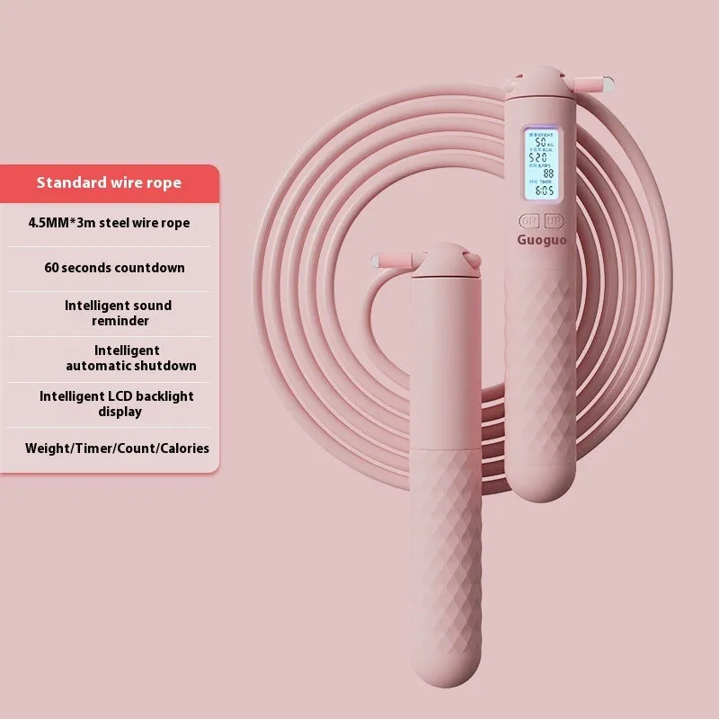 Intelligent electronic counting skipping rope with 3m steel wire shoelace and ABS handles on a neutral background
