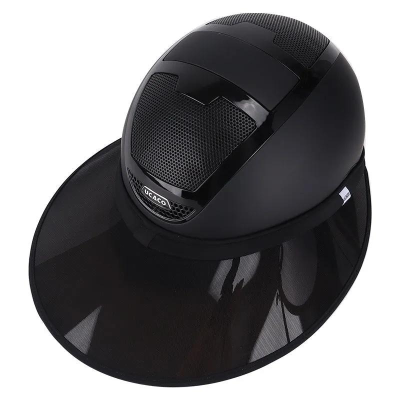 Black PVC outdoor riding helmet with sun visor for equestrian use
