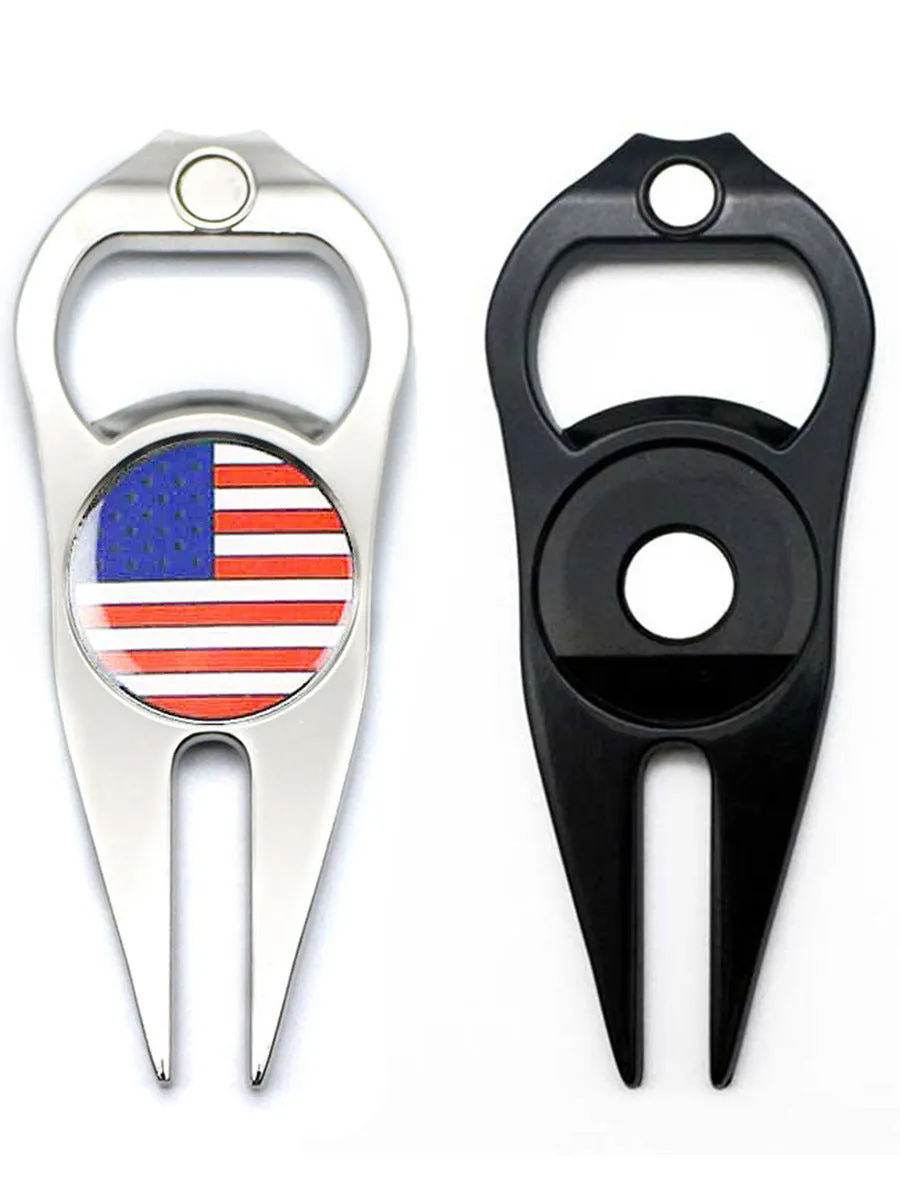Zinc alloy golf ball yoke bottle opener tool with 88x35mm dimensions in black, green or silver colours