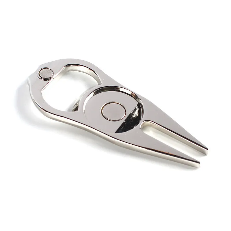Zinc alloy golf ball yoke bottle opener tool with 88x35mm dimensions in black, green or silver colours