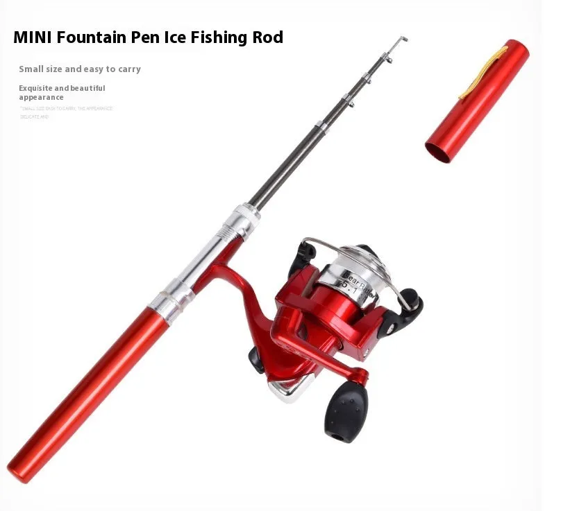 Pen-type portable pocket fishing gear rod in silver with drum reel collapsed to pen size