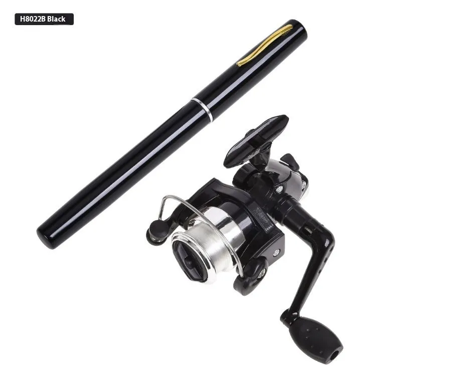 Pen-type portable pocket fishing gear rod in silver with drum reel collapsed to pen size