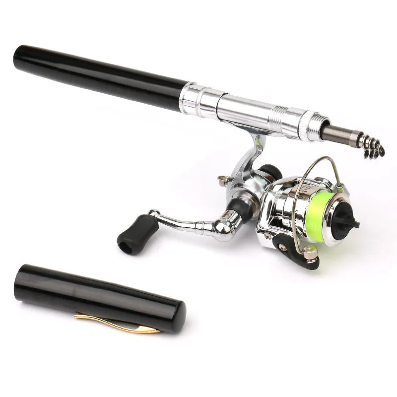 Pen-type portable pocket fishing gear rod in silver with drum reel collapsed to pen size