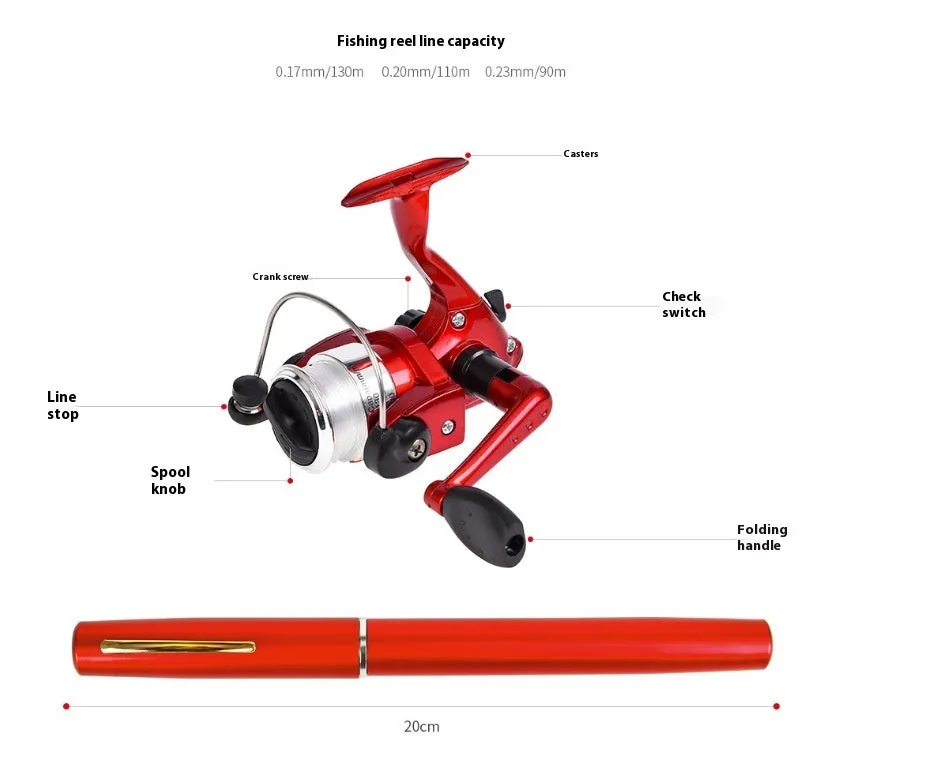 Pen-type portable pocket fishing gear rod in silver with drum reel collapsed to pen size