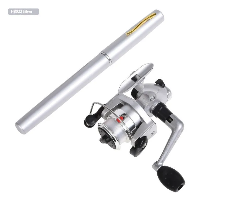 Pen-type portable pocket fishing gear rod in silver with drum reel collapsed to pen size